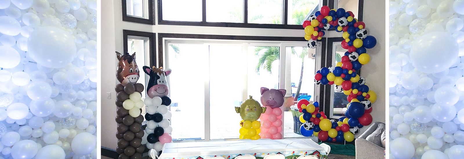 Kids Farm Theme Balloon Decor with Farm Animal Balloon Clumns and a Large number 3 Balloon Sculpture Indialantic FL by Blank Canvas Event Decor