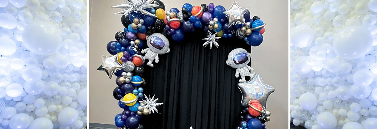 Space themed Astronaut Balloon Arch Garland with planets, stars and rings and Backdrop  at KSC Cape Canaveral by Blank Canvas Event Decor 