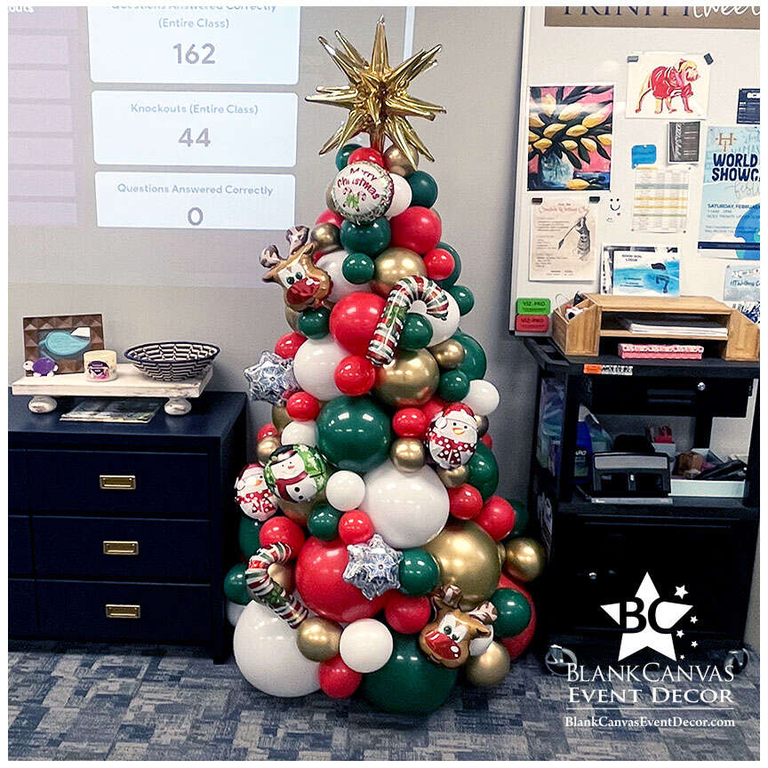 Red, White, Gold and Green- Organic Style Balloon Christmas Tree with Foil Balloon Ornaments at Holy Trinity High School in Suntree Melbourne FL