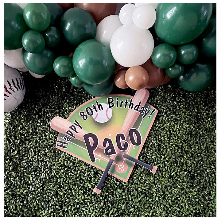 Custom printed sign with baseball diamond and crossed bats. it says Happy 80th Birthday Paco!